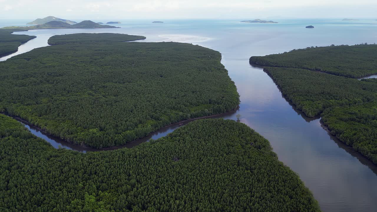 Aerial rotates over vast mangrove river delta in Thailand, lone boat