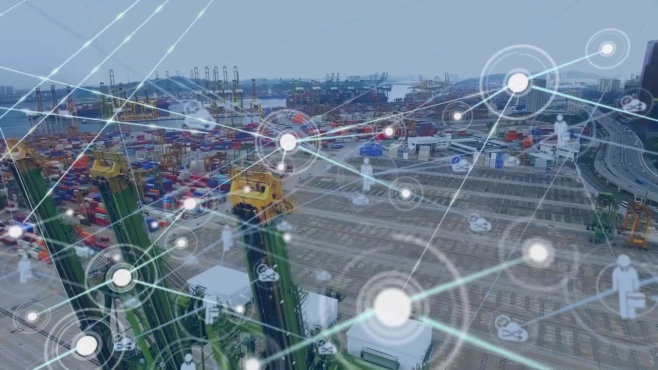 Animation of network of connections with icons over cityscape
