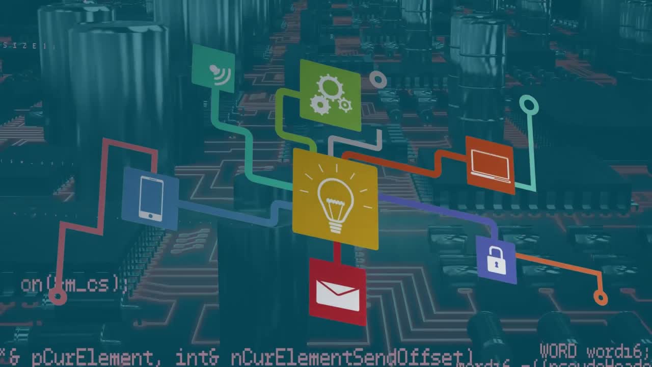 animation von verbindungen und datenverarbeitung über computer-schaltplatte auf blauem hintergrund.