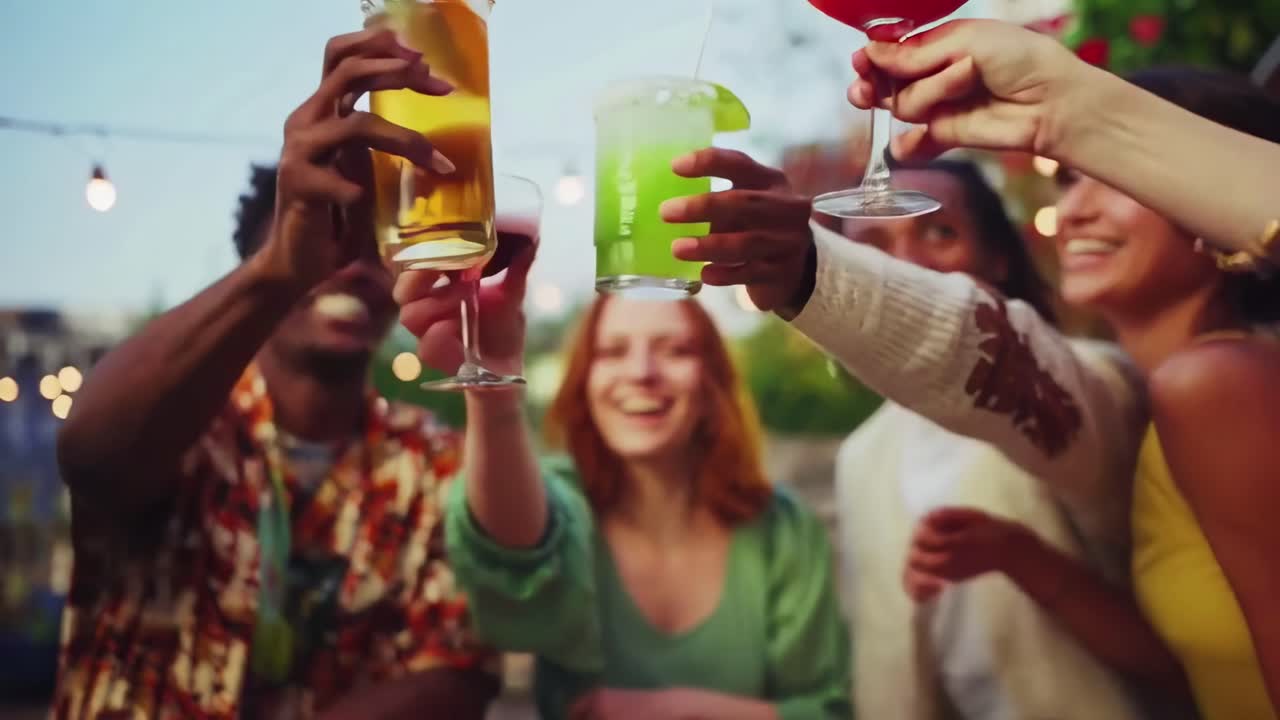 En livlig videoscene af venner, der skåler med cocktails udendørs, fanget fra en lav engel