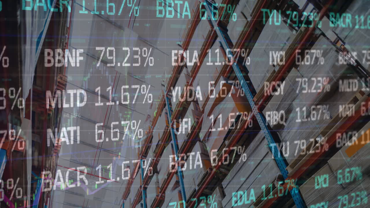 Animation von Börsen- und Finanzdatenverarbeitung über einer leeren Lagerhalle