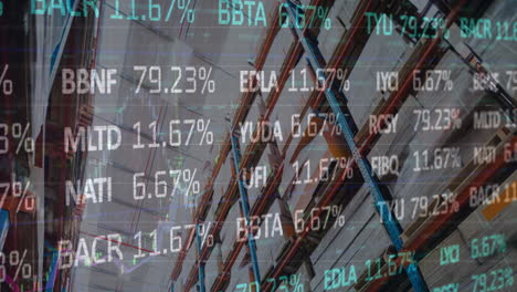 animation of stock market and financial data processing over empty warehouse