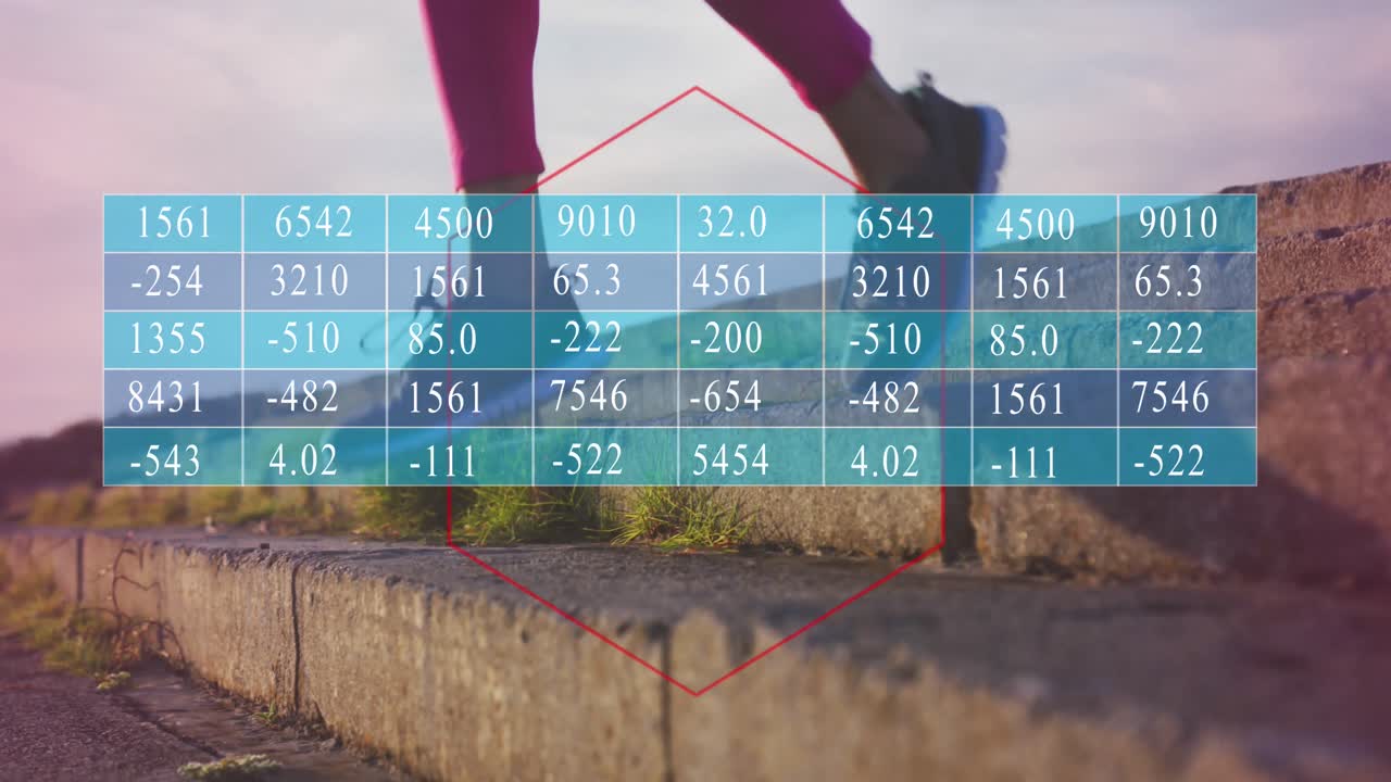 Animation of financial data processing over biracial woman running down stairs