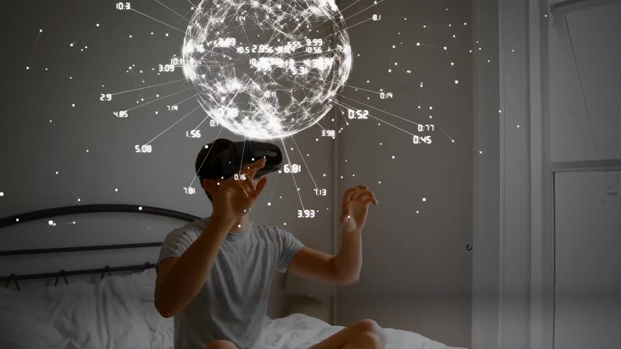 动画：戴着VR头显的白人男子上方，带有连接的地球仪。