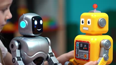 a playful interaction between two colorful robot toys engaging in a world of imagination and creativity in a child's playroom setting