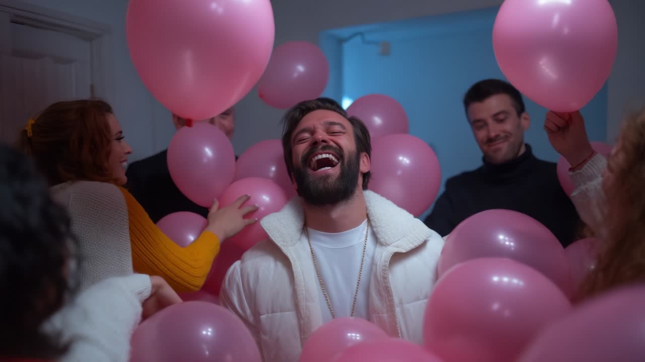 Gioiosa celebrazione di risate e divertimento in un mare di palloncini rosa, mentre gli amici si riuniscono per creare momenti memorabili in un'atmosfera vivace e accogliente, piena di felicità e connessione