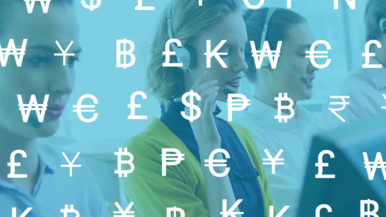 전화 헤드 ⁇ 을 착용한 다양한 사업가들에 대한 온라인 통화 기호의 애니메이션