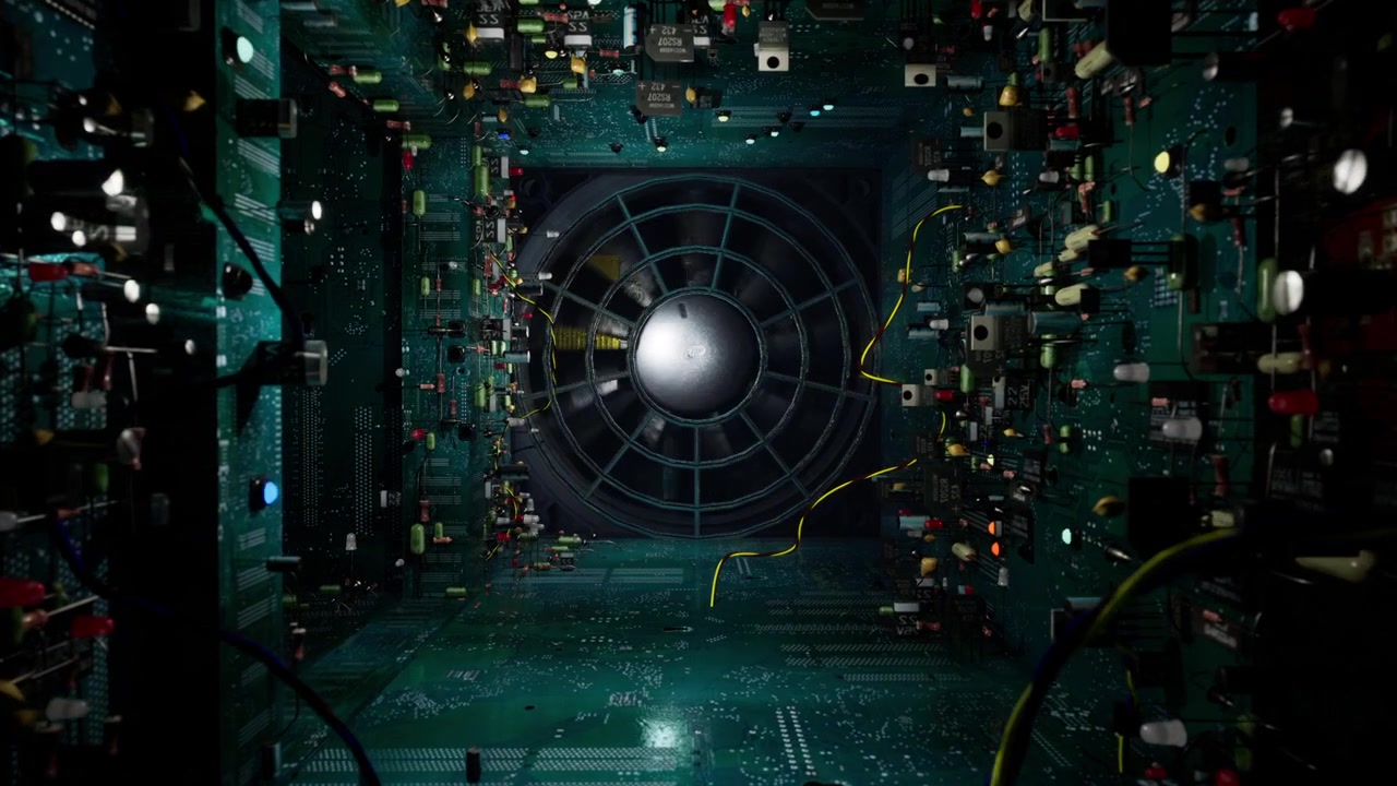Vivid cables and glowing parts outline narrow technological tunnel