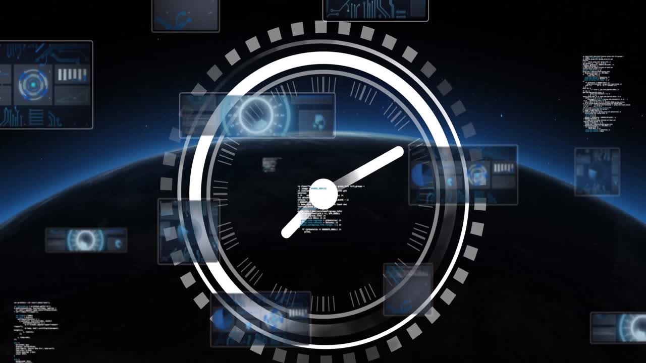 검은색 배경에 데이터 처리에 대한 이동 시계의 애니메이션