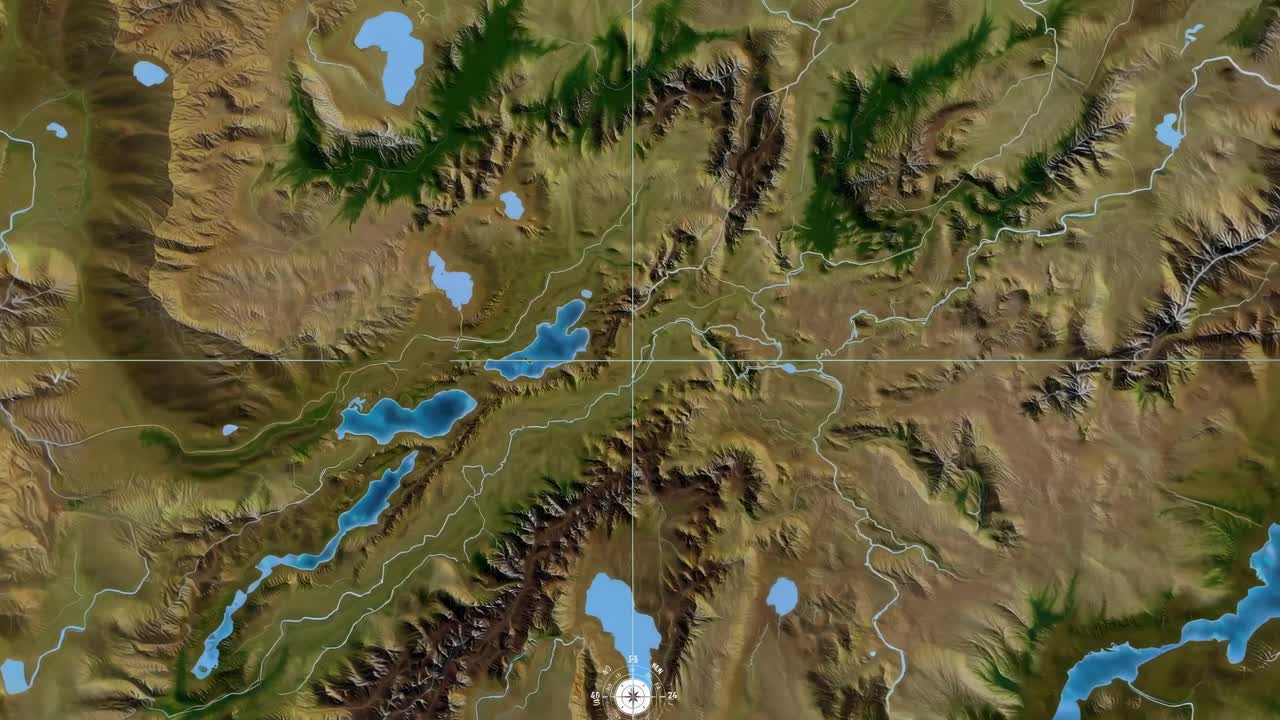 Aerial view of a detailed topographic map with mountains and rivers