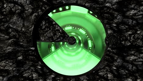 la puerta de entrada de piedra abre una vista panorámica a la escena del paisaje de la nave espacial. fondo abstracto 3d de un corredor de ciencia ficción con luces de neón. tecnología futurista vj para títulos y fondo tecnológicos.