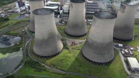 aerial view looking down at ratcliffe-on-soar power station steaming funnel cooling towers