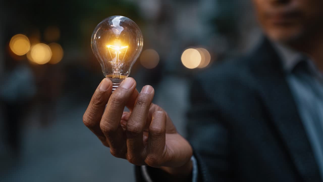 A person holds a glowing light bulb in their hand, symbolizing innovation, creativity, and illumination in a captivating urban setting during evening hours