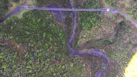 birdseye view, flying over a large suspension bridge with a river underneath