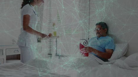 animation of connections over caucasian female doctor taking care of senior patient