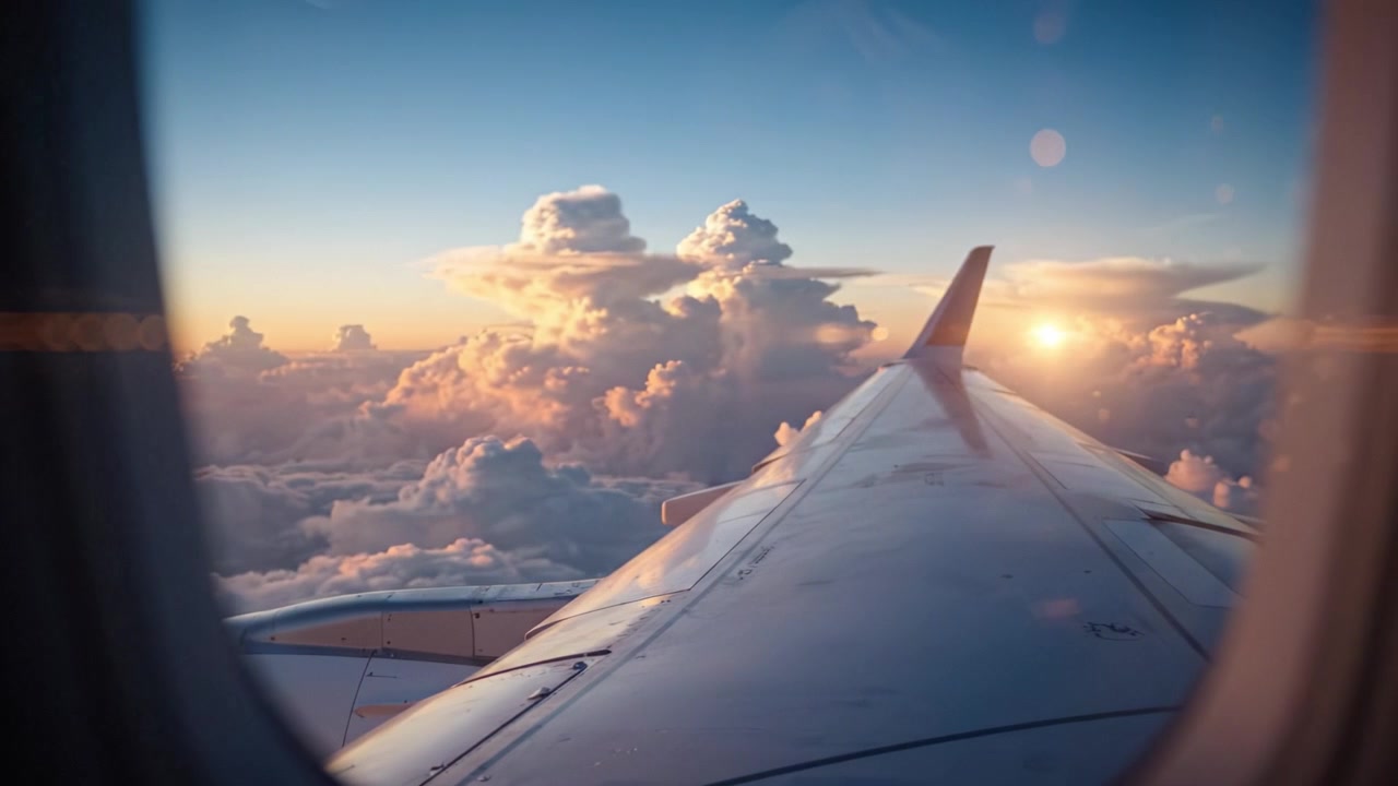 Passengers Enjoying a Peaceful Flight Alongside the Wing of an Airplane with Beautiful Cloudy Skies at Sunset Viewed Through the Window