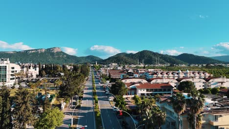 Drone-View-of-Kemer-City-of-Antalya,-Resort-Town-on-Mediterranean-Coast-of-Turkey