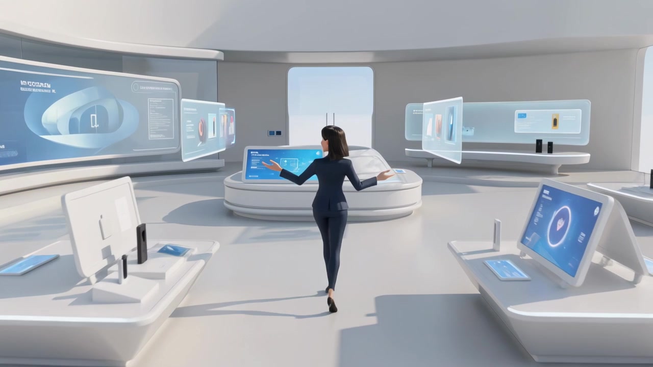 Entering woman in navy blazer, pants using AR panels and central console in showroom, demoing UI