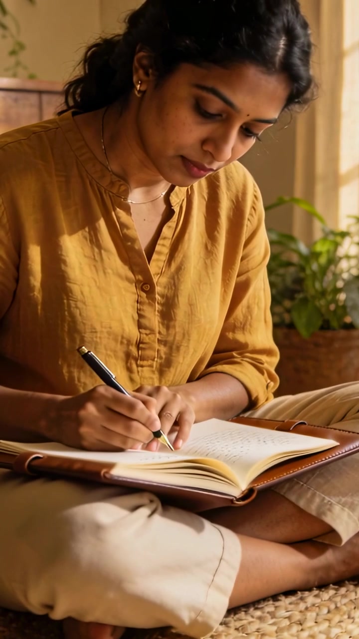 Vertical video: Placing pen, Indian woman writing journal on woven rug at home, wearing mustard top