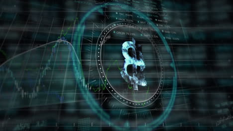 animación de procesamiento de datos y símbolo de criptomoneda sobre fondo negro