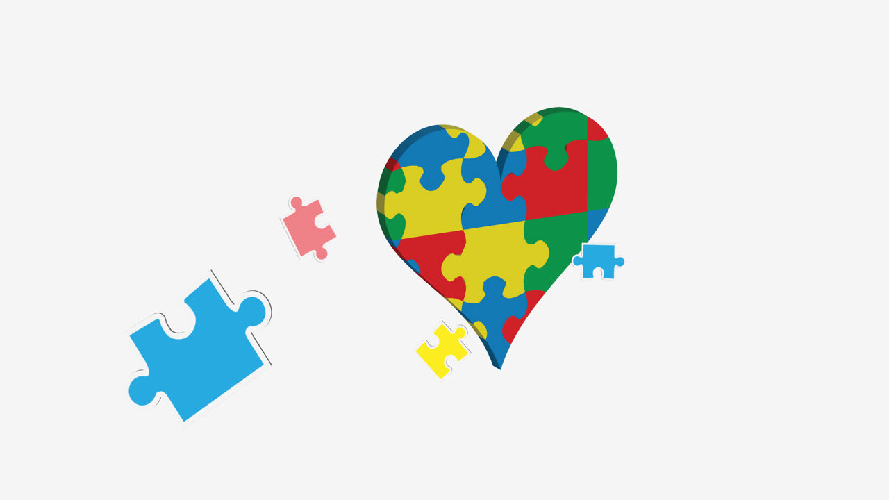 Animation of puzzles falling over beating heart formed with autism awareness puzzles on white