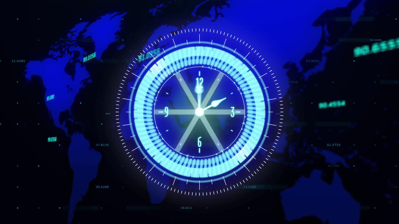 animación de escaneo de alcance con reloj sobre el mapa del mundo sobre fondo negro