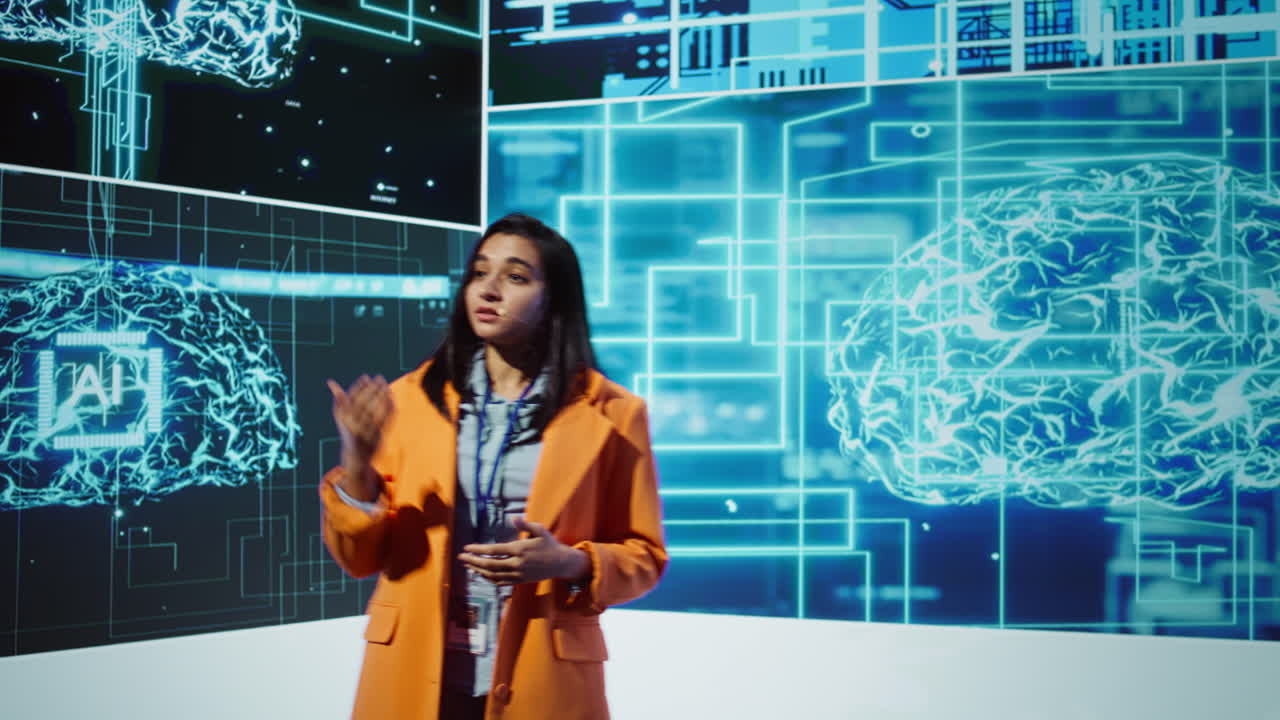 Woman uses microphone to talk at AI convention with business investors