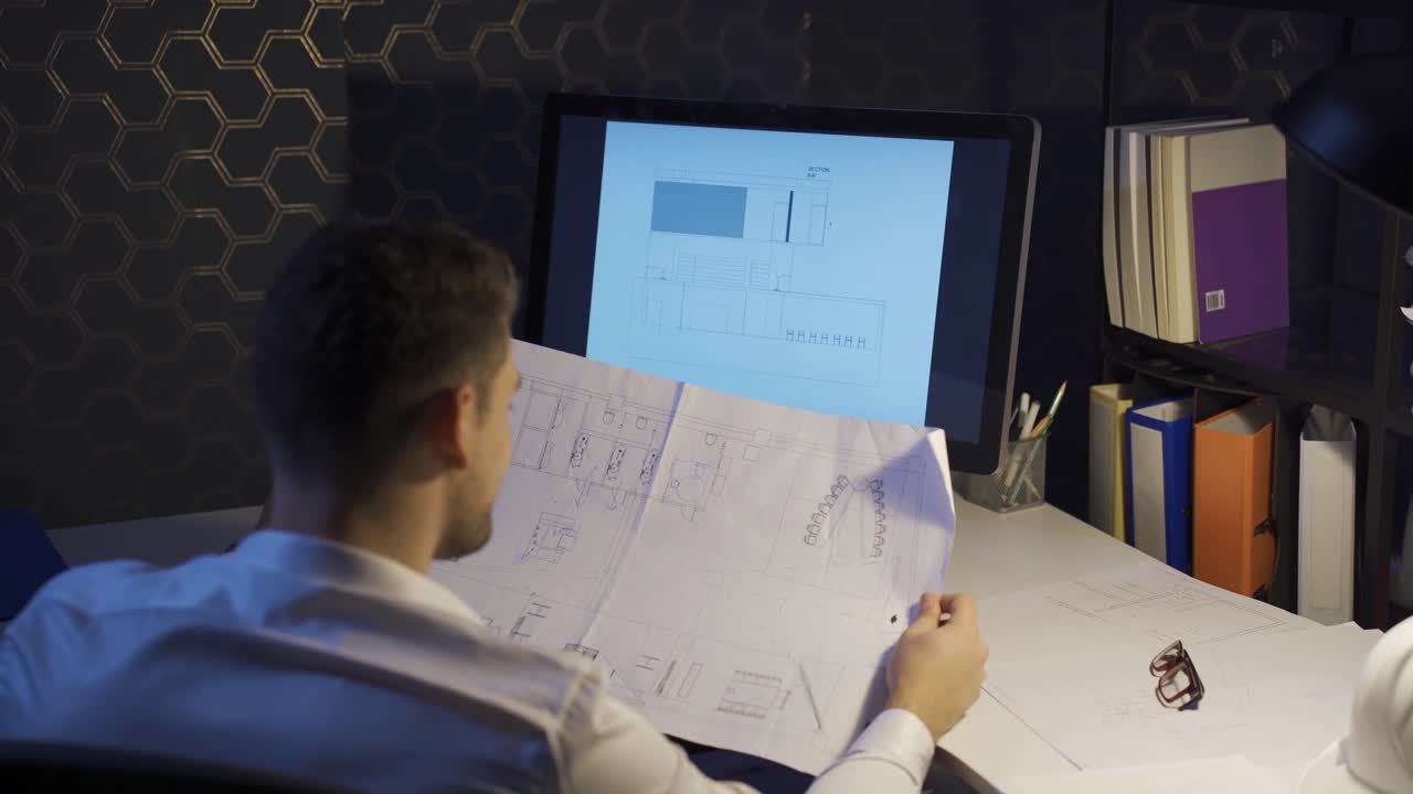 un arquitecto masculino completa los dibujos de diseño de interiores de una tienda en su oficina nocturna.