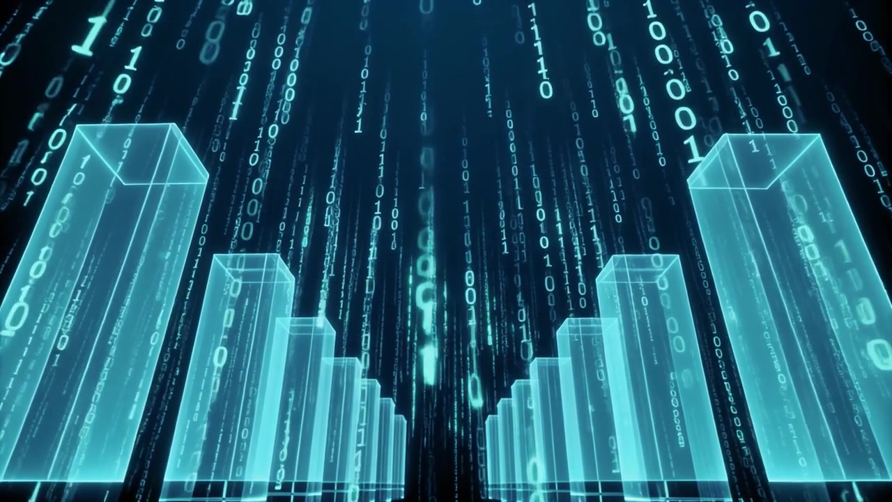 Digital Data Visualization with Glowing Binary Code and Bar Charts