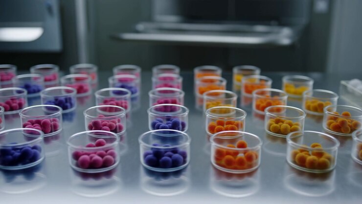 Close range laboratory scene with neat grid of clear plastic cups on reflective stainless steel table, each cup holding small colored spherical beads in orange, purple, and magenta, with changing