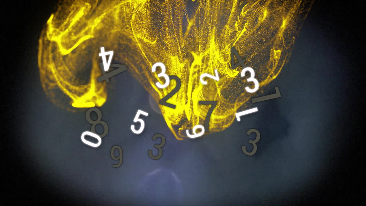 Swirling yellow particles cascading from center, floating numeric digits dancing within bokeh glow