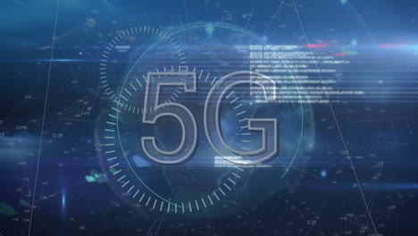 animation of 5g text in circles over globe and computer language against numbers and lens flares