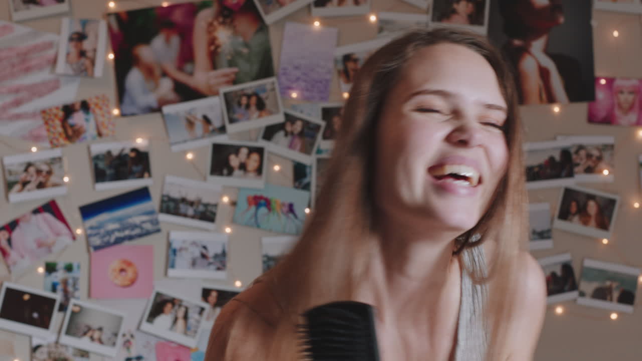 счастливая девочка-подросток танцует в спальне под музыку наслаждается празднованием выходных веселится поет в пижаме дома