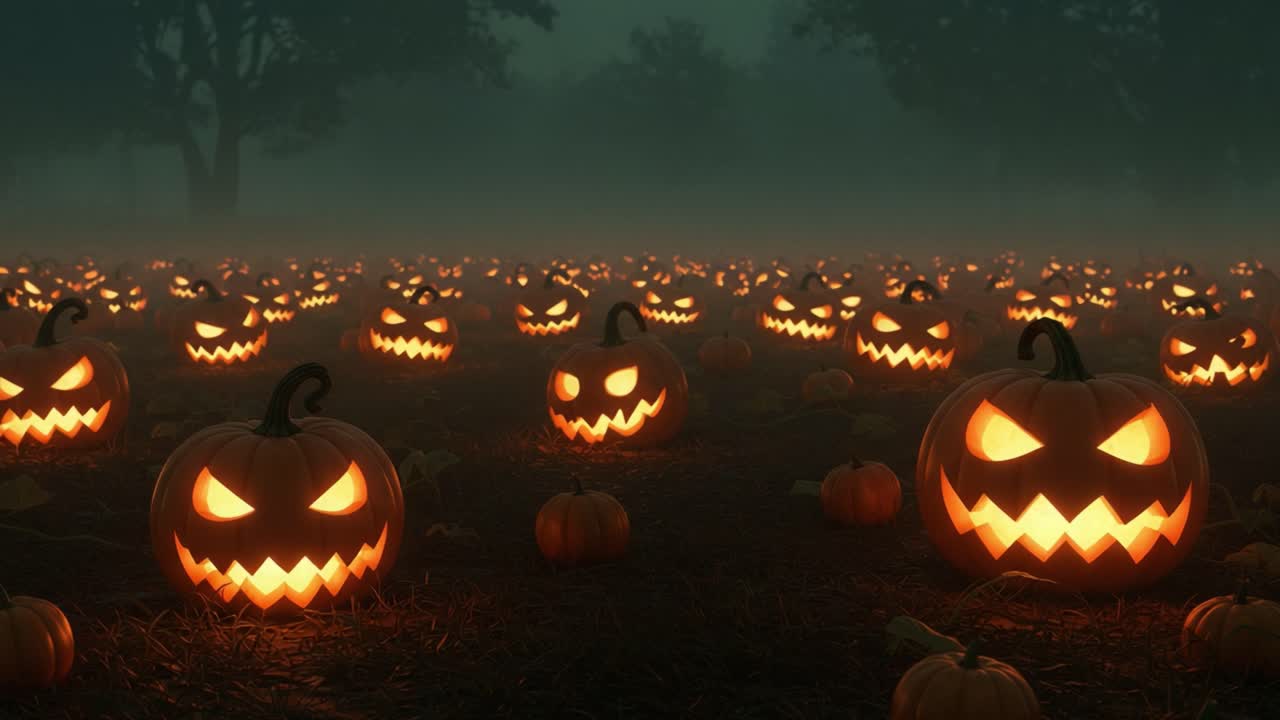 A Haunting Scene of Illuminated Jack-o'-Lanterns Set Against a Foggy Halloween Night, Capturing the Eerie yet Festive Atmosphere of Autumn Celebrations with Spooky Pumpkins in the Field