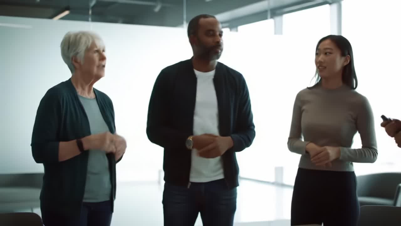 A Diverse Group Engaged in Discussion: Collaborative Dialogue Among Team Members in a Modern Office Environment