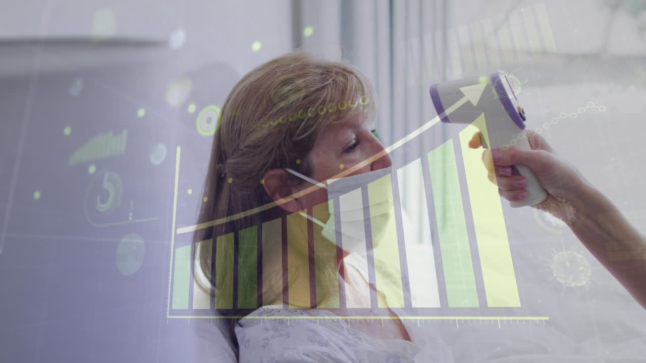 animación de gráfico sobre una mujer mayor caucásica y una enfermera con máscaras faciales tomando la temperatura