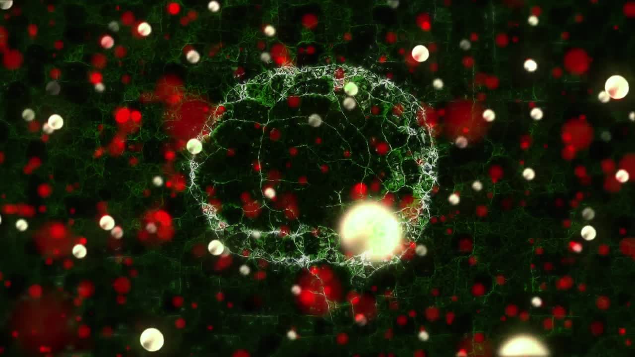 검은 바탕에  ⁇ 색과 빨간색 움직이는 불빛 위에 나타나는 뇌의 애니메이션