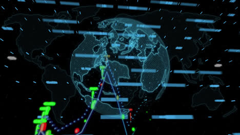 Animation-of-financial-over-spinning-globe-and-world-map-against-black-background