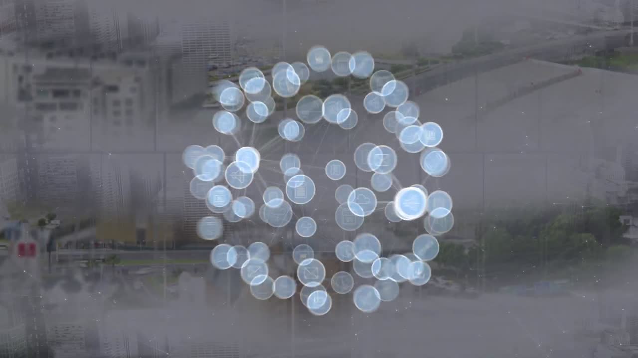 도시 풍경 위의 미디어 아이콘의 애니메이션