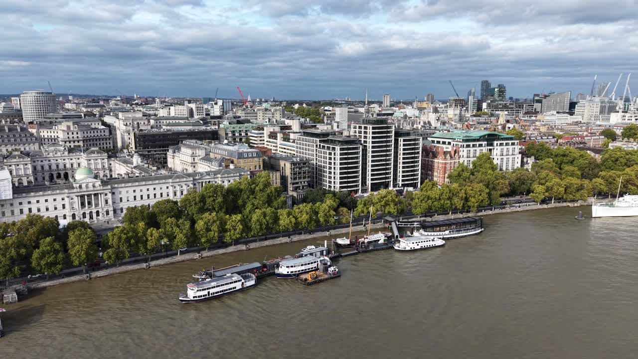 Victoria embankment River Thames Central London UK Panning drone aerial