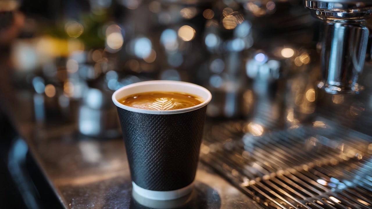 Una tazza di caffè invitante con un bellissimo disegno di schiuma posata sul bancone di un barista, che mostra l'arte della preparazione del caffè e i ricchi sapori all'interno della tazza