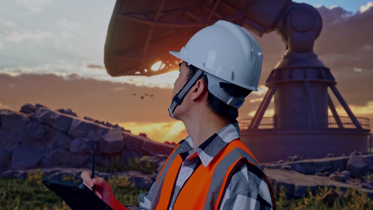 Close Up Side View Of Asian Male Engineer With Safety Helmet Taking Note On The Tablet And Looking Around While Standing With Large Satellite Dish