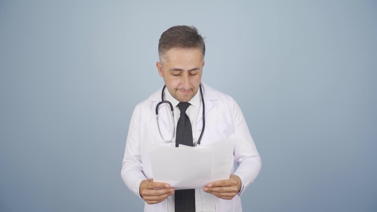 서류를 검사하는 의사는 사려 깊습니다.