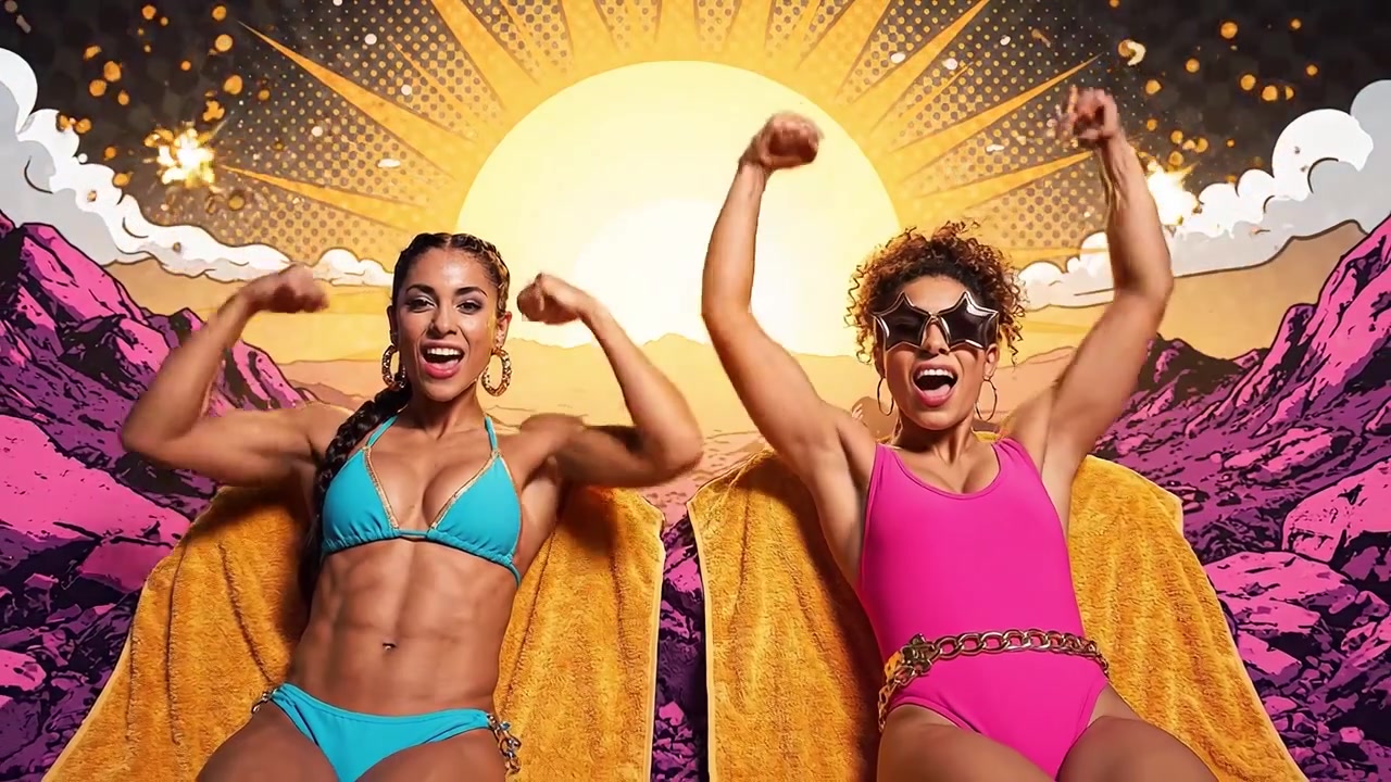 Due donne in forma che celebrano forza e fiducia su vivaci lettini illuminati dal sole, con uno sfondo montano colorato, irradiando empowerment e gioia in stile estivo.