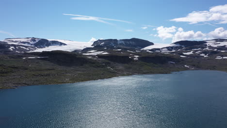 drone shot of mountain lake in finse, norway