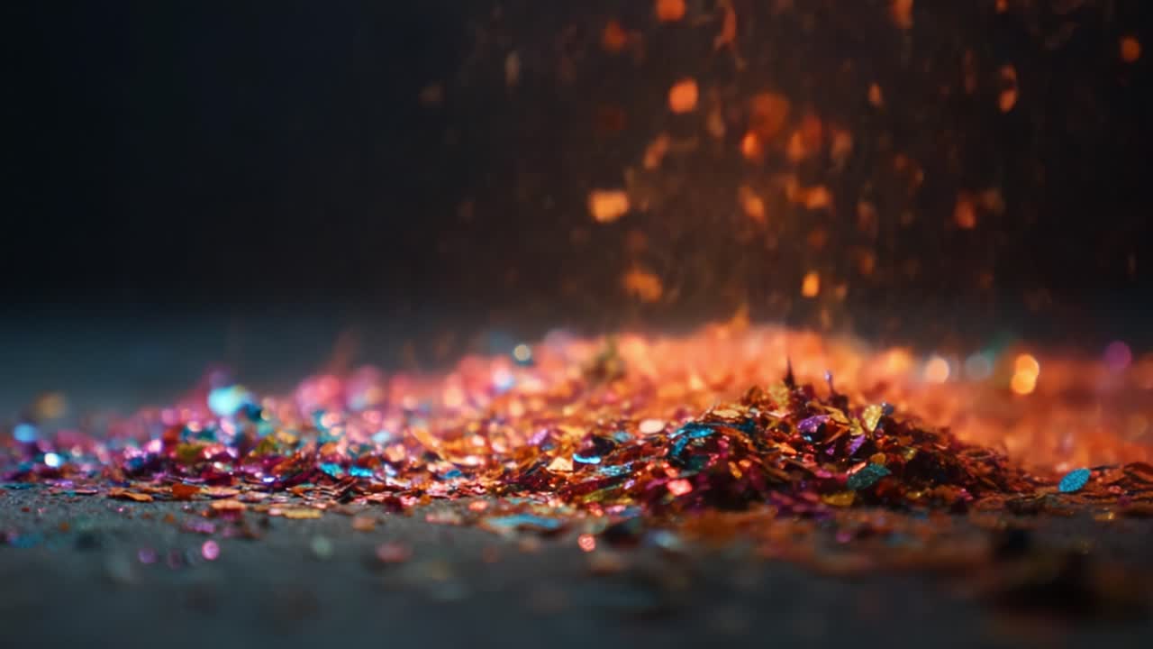A Mesmerizing Close-up of Colorful Glitter Particles Captured in Stunning Detail, Showcasing the Dynamic Sparkle and Vibrancy in a Dark Environment