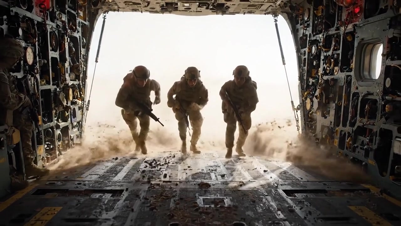 Soldiers Engaging in Tactical Operations: A Dramatic Moment of Action in a Military Helicopter During an Intense Mission Under Harsh Conditions