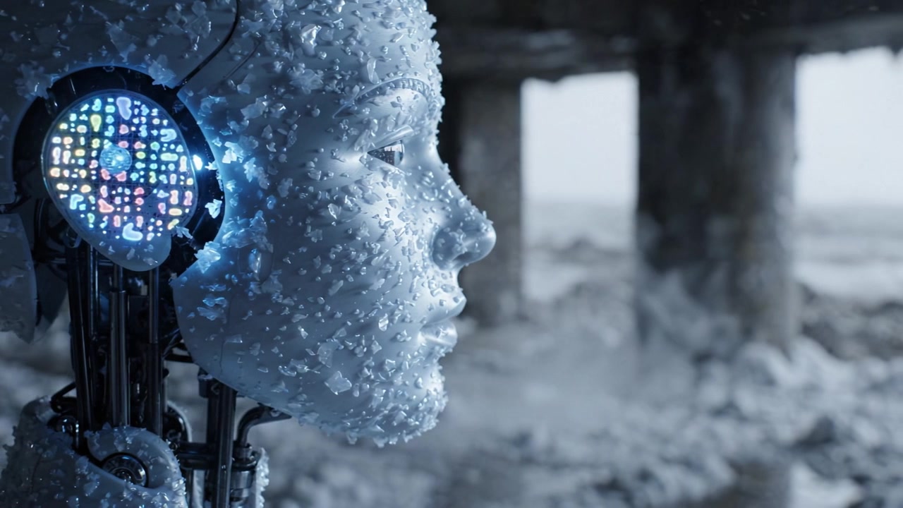 Una figura robotica futuristica ricoperta di cristalli di ghiaccio si erge in un ambiente abbandonato, mostrando tecnologia avanzata e la fusione di eleganza con freddezza.