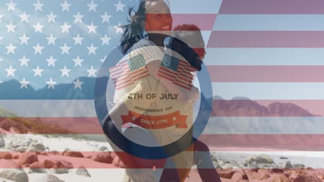 Animation-of-independence-day-text-over-smiling-diverse-couple-carrying-in-mountains