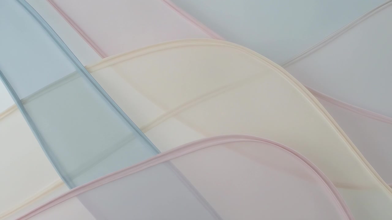 Starting loop, shifting overlapping translucent ribbons gliding on pale backdrop, for wallpaper